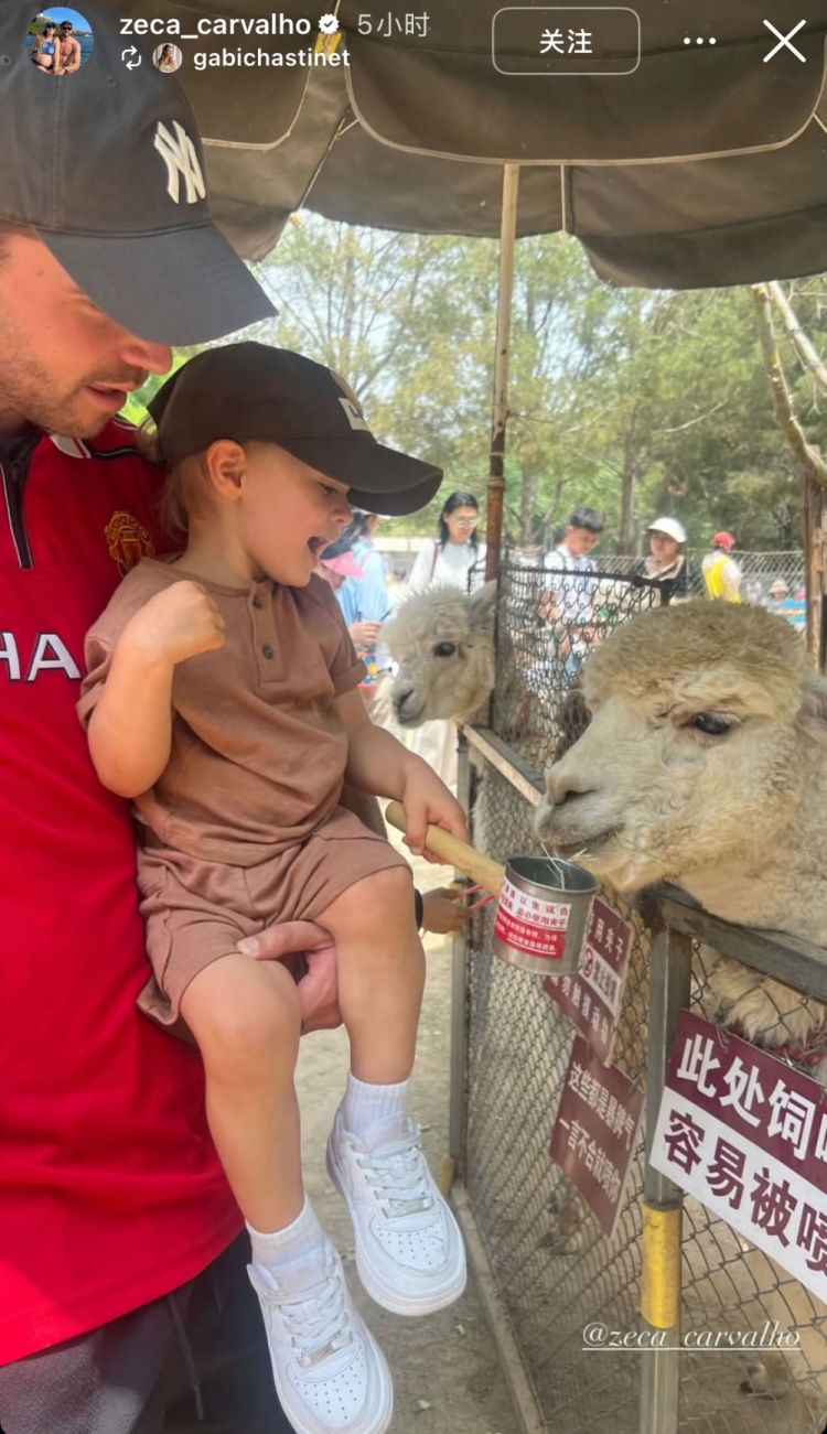 親子時光！泰山外援澤卡更新社媒，帶孩子在動物園玩耍&喂食羊駝