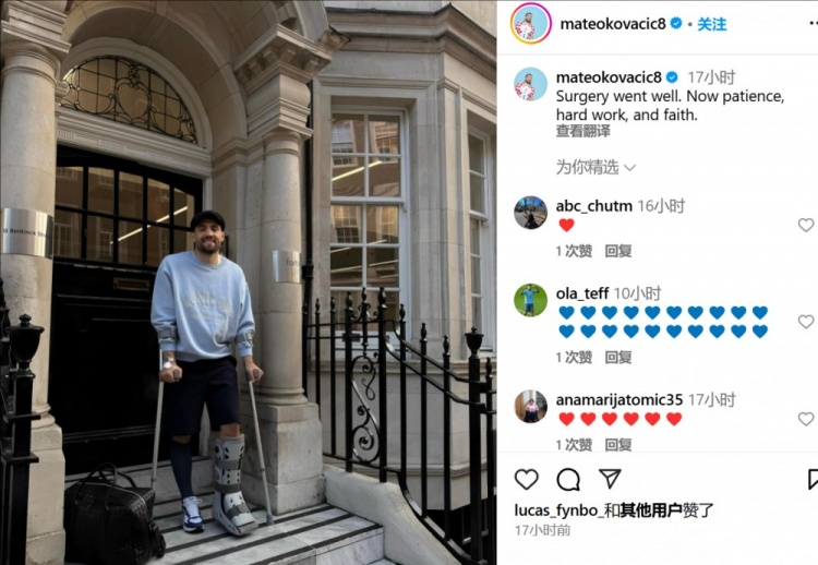 科瓦西奇社媒曬照報平安，順利接受跟腱手術(shù)預(yù)計將傷缺3個月