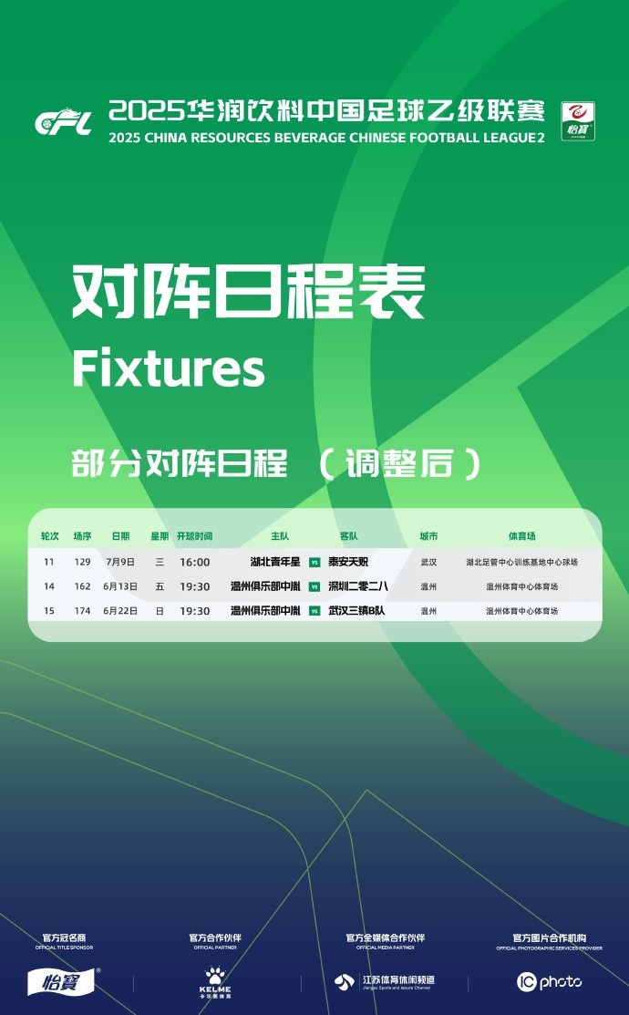 官方：因相關(guān)活動(dòng)工作安排原因，中乙三場(chǎng)比賽賽程變更