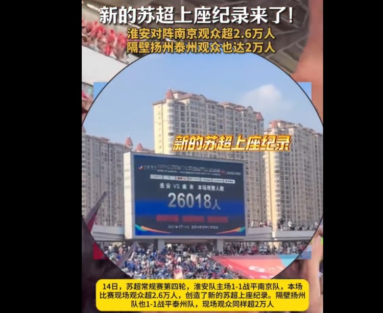 26018人！淮安主場對陣南京，創(chuàng)造蘇超上座人數(shù)紀(jì)錄