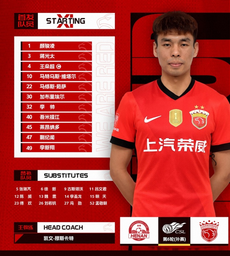 中超聯(lián)賽第6輪（補(bǔ)賽），上海海港今日首發(fā)名單