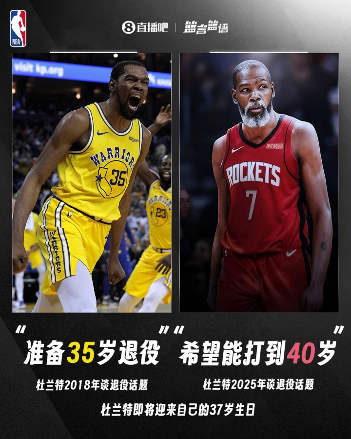 2018年杜蘭特：準(zhǔn)備35歲退役！2025年KD：希望打到40歲??