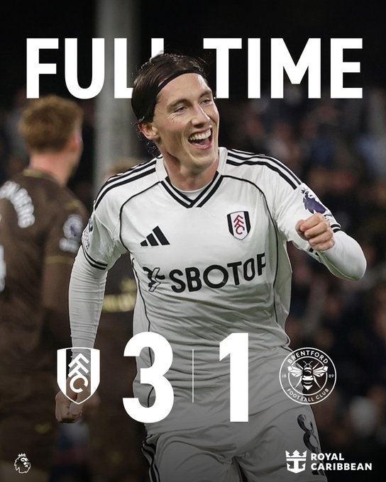 英超富勒姆3-1布倫特福德，伊沃比傳射、哈里-威爾遜破門